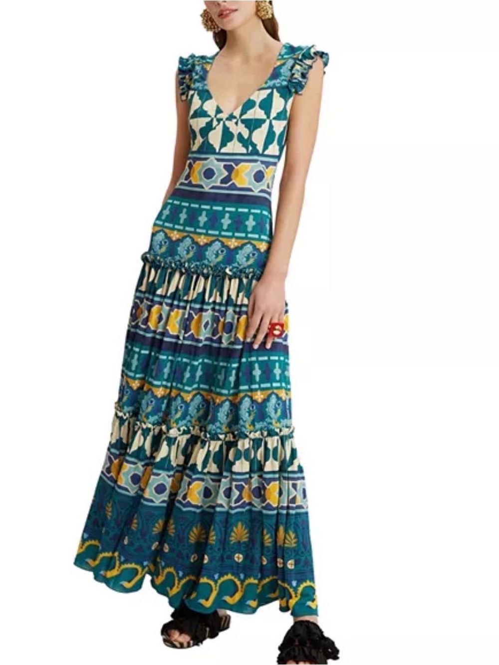 La DoubleJ Pimento Maxi Dress Casareale Placee Ruffle Tiered Blue Yellow - Large